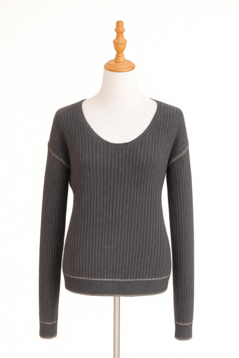 Cashmere Loose Rib Knit Pullover Contrast Colour