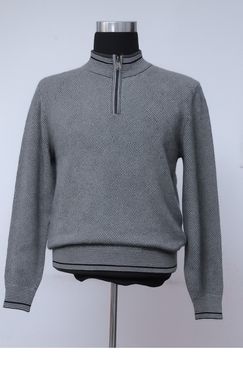 Cashmere T-Neck Pullover with half Zipper & Honeycomb Knit
