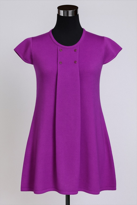 Cashmere R-Neck Dress with front Boxpleats, 4 Buttons & Cap Sleeves