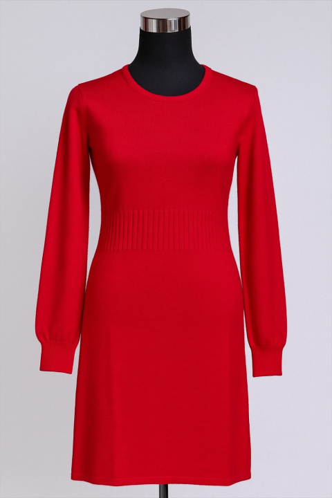 Cashmere R-Neck Dress with Ribbed Waistline