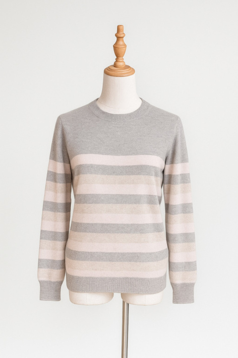 Cashmere R-Neck Empire Horizontal Stripes Pullover
